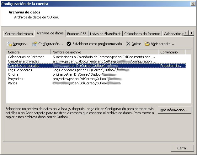 Pantalla de configuración de Outlook: ficheros de datos pst